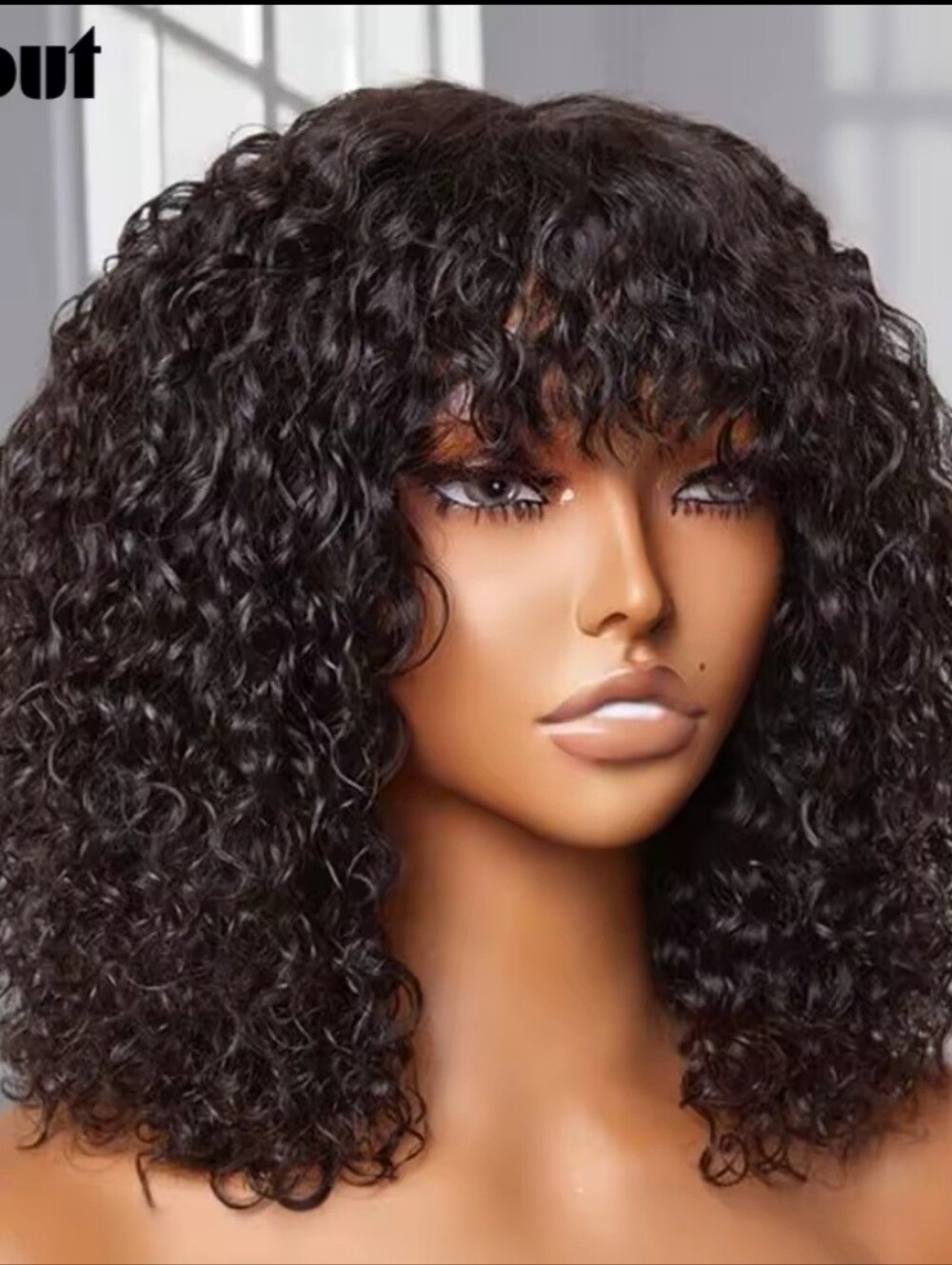 Curly Bob Wig with Bangs - Deep Black